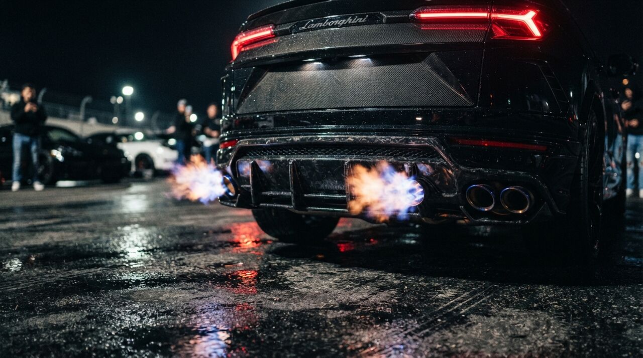 Traseira de um Urus preto à noite, lanternas acesas e chamas no escapamento